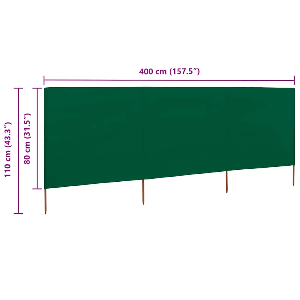 Vjetrobran s 3 panela od tkanine 400 x 80 cm zeleni