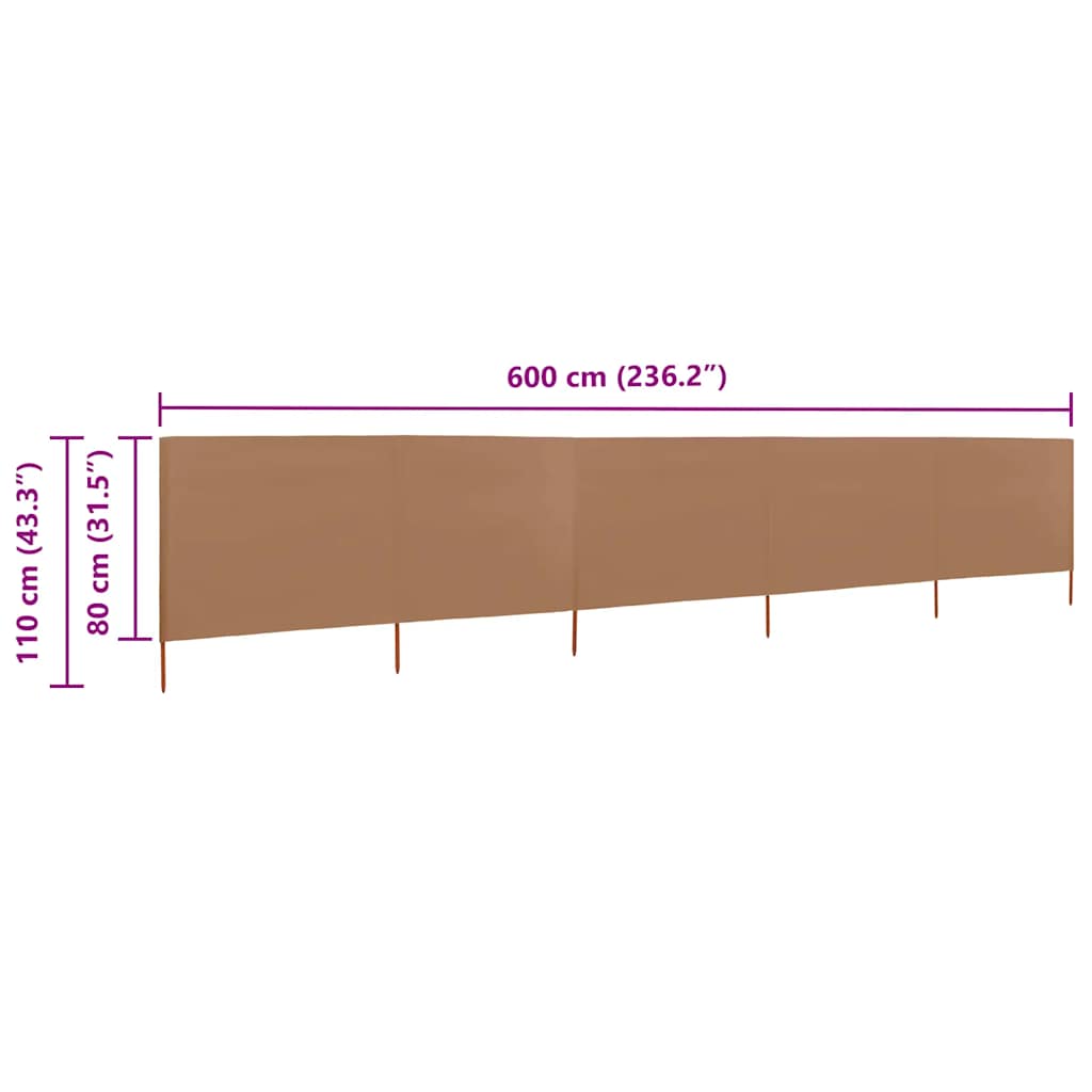 Vjetrobran s 5 panela od tkanine 600 x 80 cm smeđe-sivi