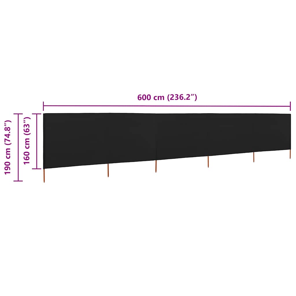 Vjetrobran s 5 panela od tkanine 600 x 160 cm crni