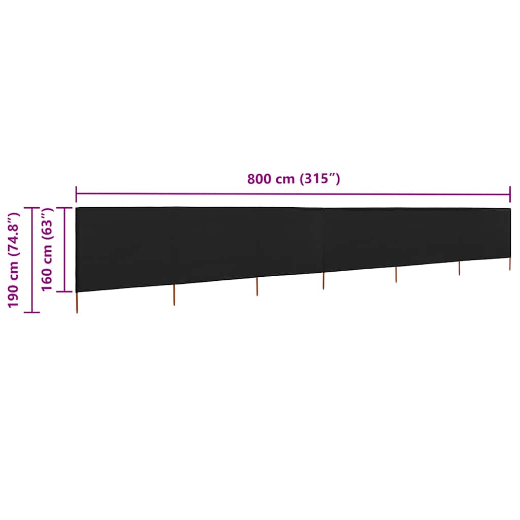 Vjetrobran sa 6 panela od tkanine 800 x 160 cm crni