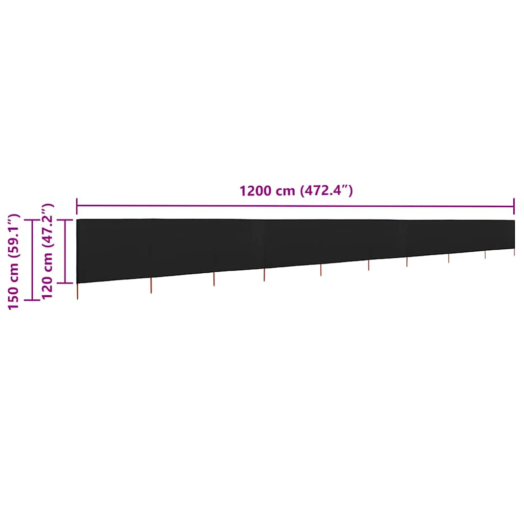 Vjetrobran s 9 panela od tkanine 1200 x 120 cm crni