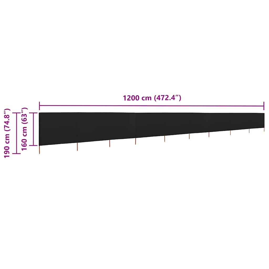 Vjetrobran s 9 panela od tkanine 1200 x 160 cm crni