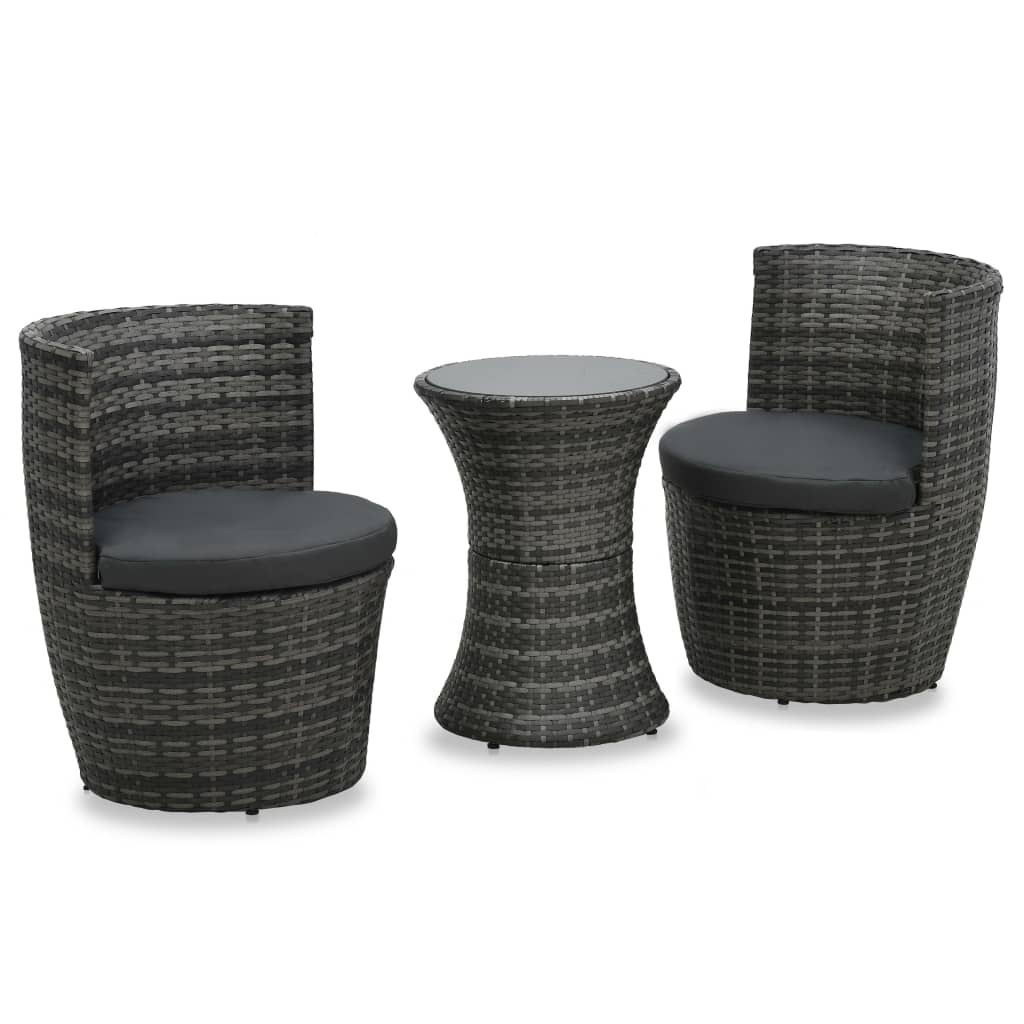 3-dijelni bistro set od poliratana s jastucima sivi