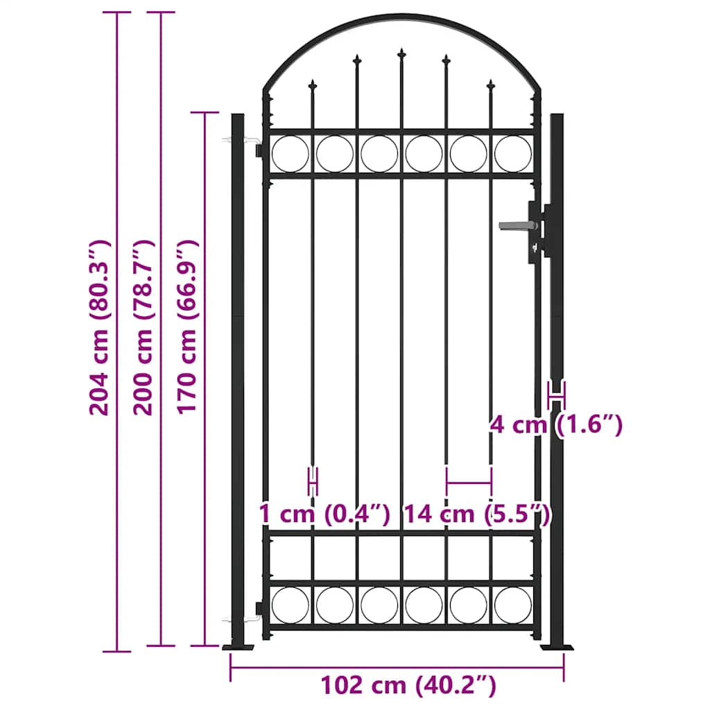 Vrata za ogradu ASSEN s lučnim vrhom i 2 stupa 105x170 cm crna