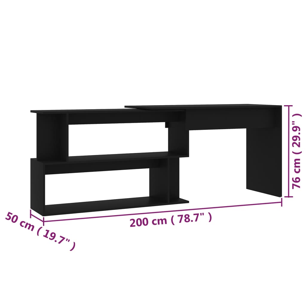 Kutni radni stol crni 200 x 50 x 76 cm od konstruiranog drva