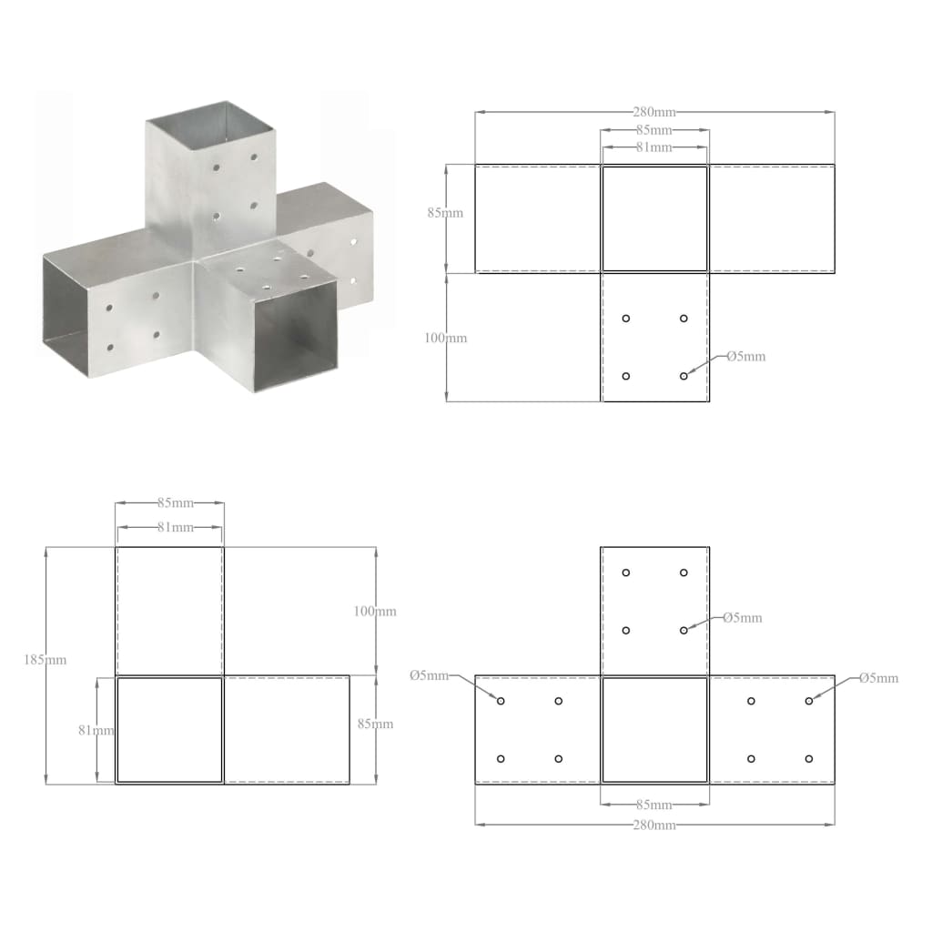 Spojnici za stupove u X-obliku 4 kom pocinčani metal 81 x 81 mm