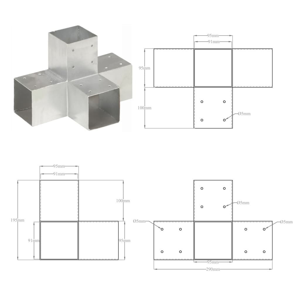 Spojnik za stupove u X-obliku od pocinčanog metala 91 x 91 mm