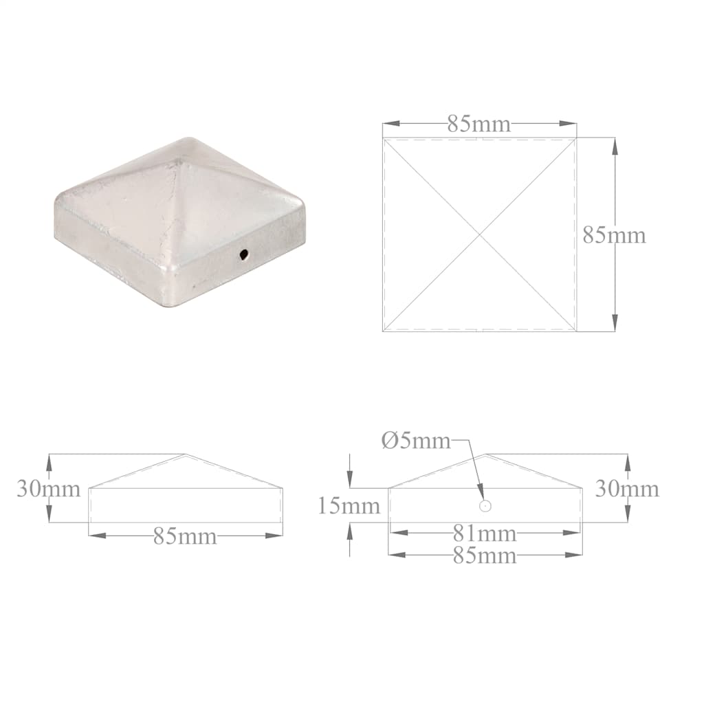 Piramidalni poklopci za stupove ograde 6 kom metalni 81 x 81 mm