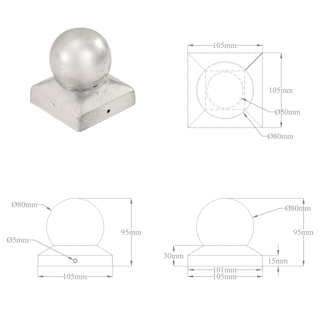Poklopci za stupove 6 kom kuglasti metalni 101 x 101 mm