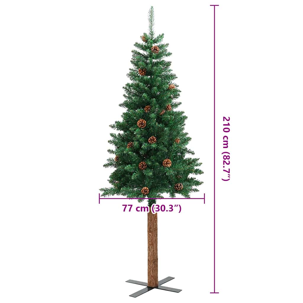 Tanko božićno drvce s pravim drvom i šiškama zeleno 210 cm PVC