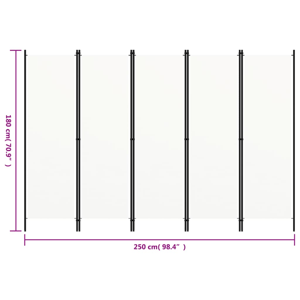 Sobna pregrada s 5 panela bijela 250 x 180 cm