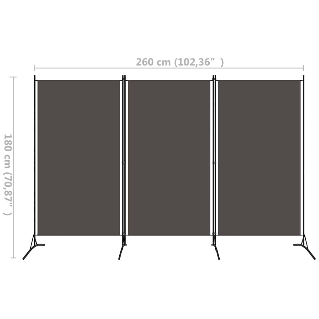 Sobna pregrada s 3 panela antracit 260 x 180 cm