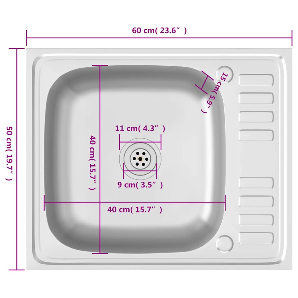 Kuhinjski sudoper s cjedilom srebrni 600 x 500 x 155 mm čelični
