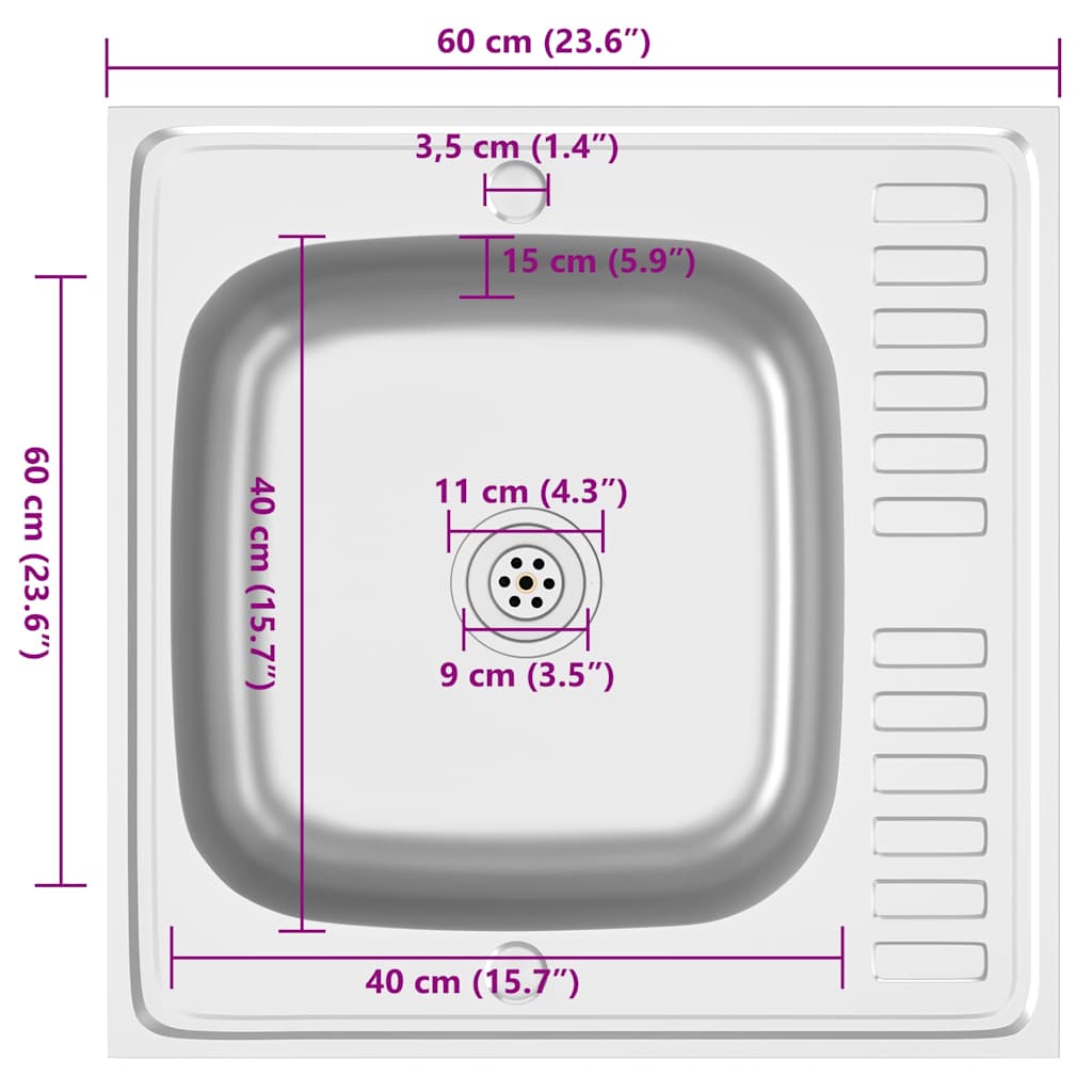Kuhinjski sudoper s cjedilom srebrni 600 x 600 x 155 mm čelični