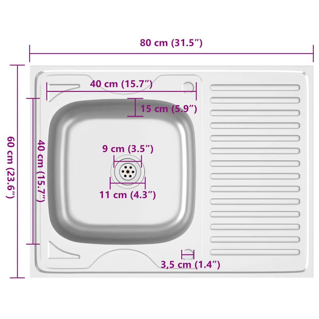 Kuhinjski sudoper s cjedilom srebrni 800 x 600 x 155 mm čelični