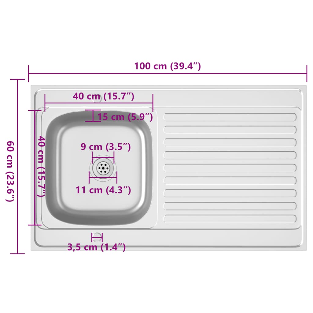 Kuhinjski sudoper s cjedilom srebrni 1000x600x155 mm čelični
