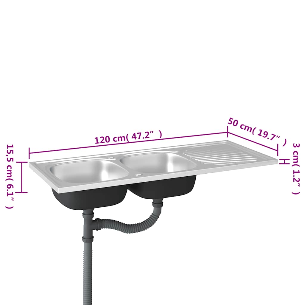 Kuhinjski sudoper s dva korita srebrni 1200x500x155 mm čelični