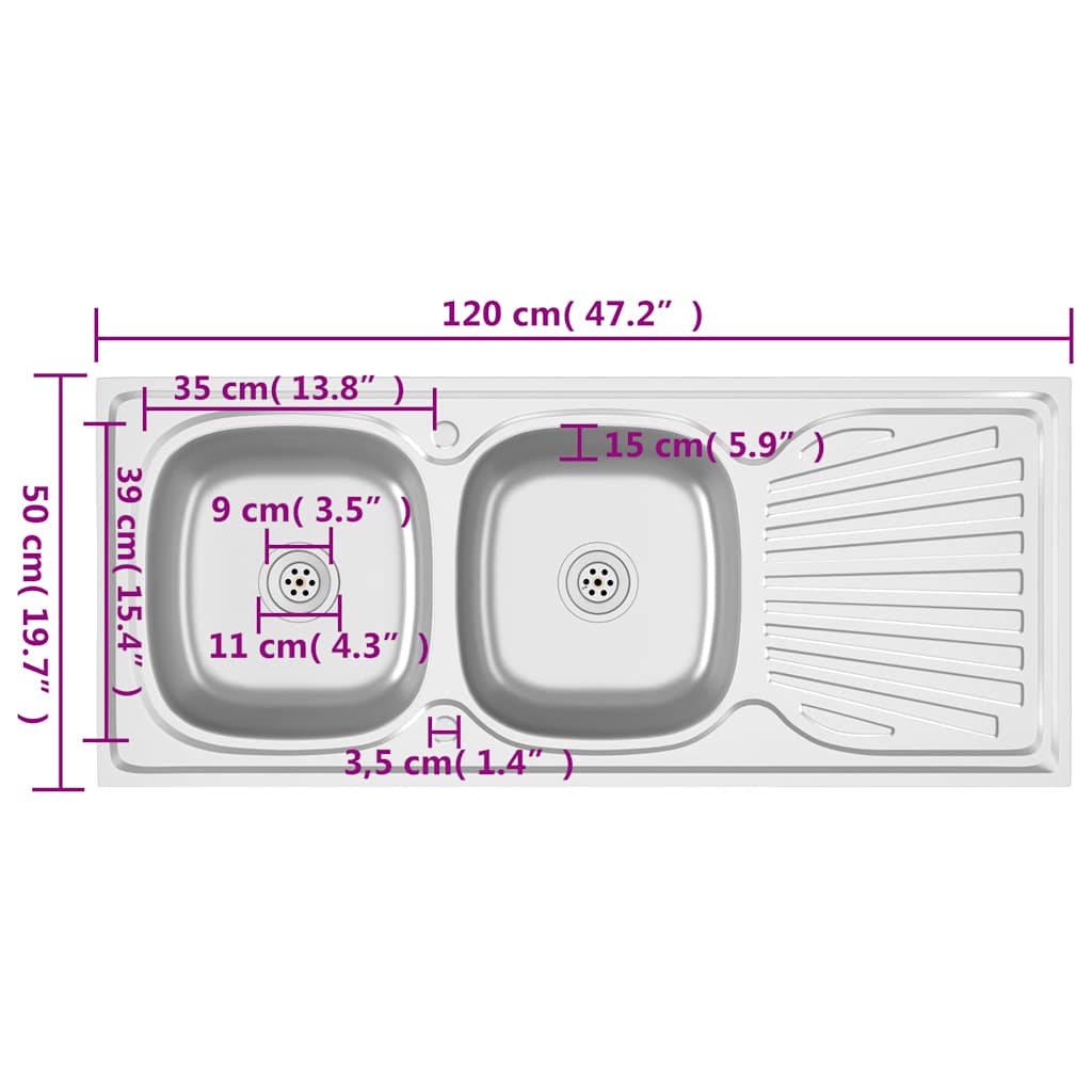 Kuhinjski sudoper s dva korita srebrni 1200x500x155 mm čelični