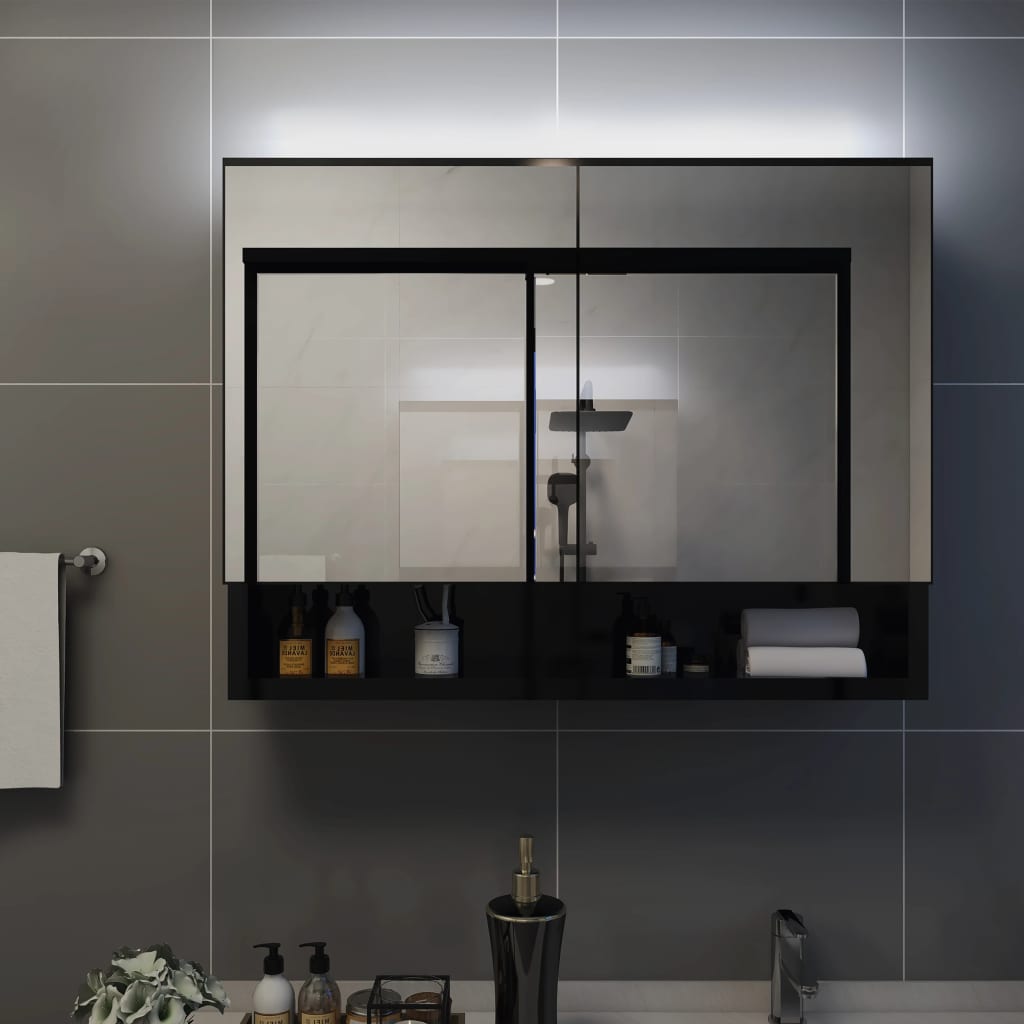 LED kupaonski ormarić s ogledalom crni 80 x 15 x 60 cm MDF
