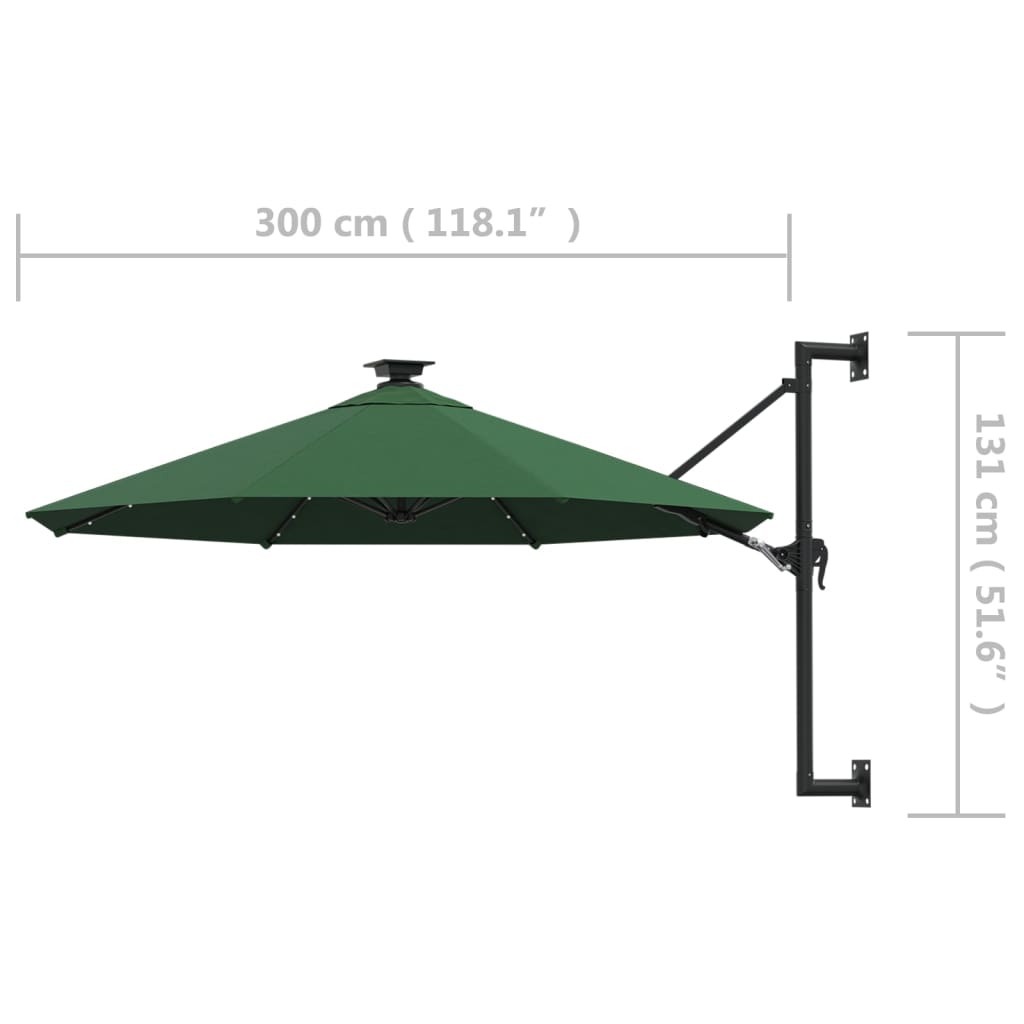 Zidni vrtni suncobran s LED svjetlima 300 cm zeleni