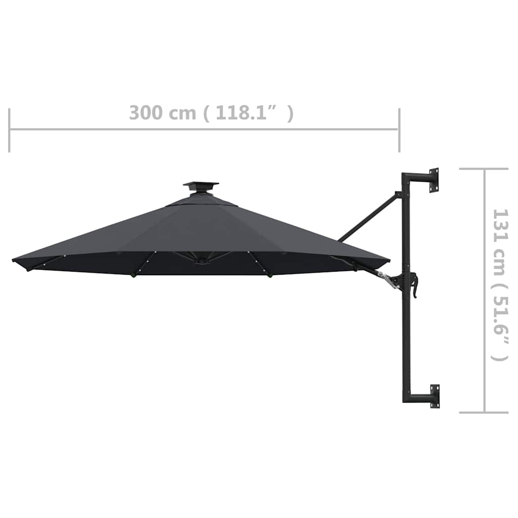 Zidni vrtni suncobran s LED svjetlima 300 cm antracit