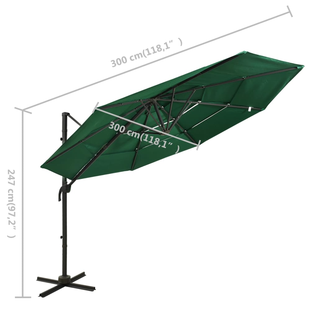 Vrtni suncobran s 4 razine i aluminijskim stupom 3 x 3 m zeleni