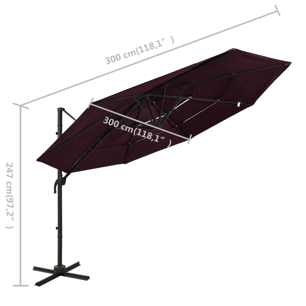 Vrtni suncobran s 4 razine i aluminijskim stupom 3 x 3 m bordo