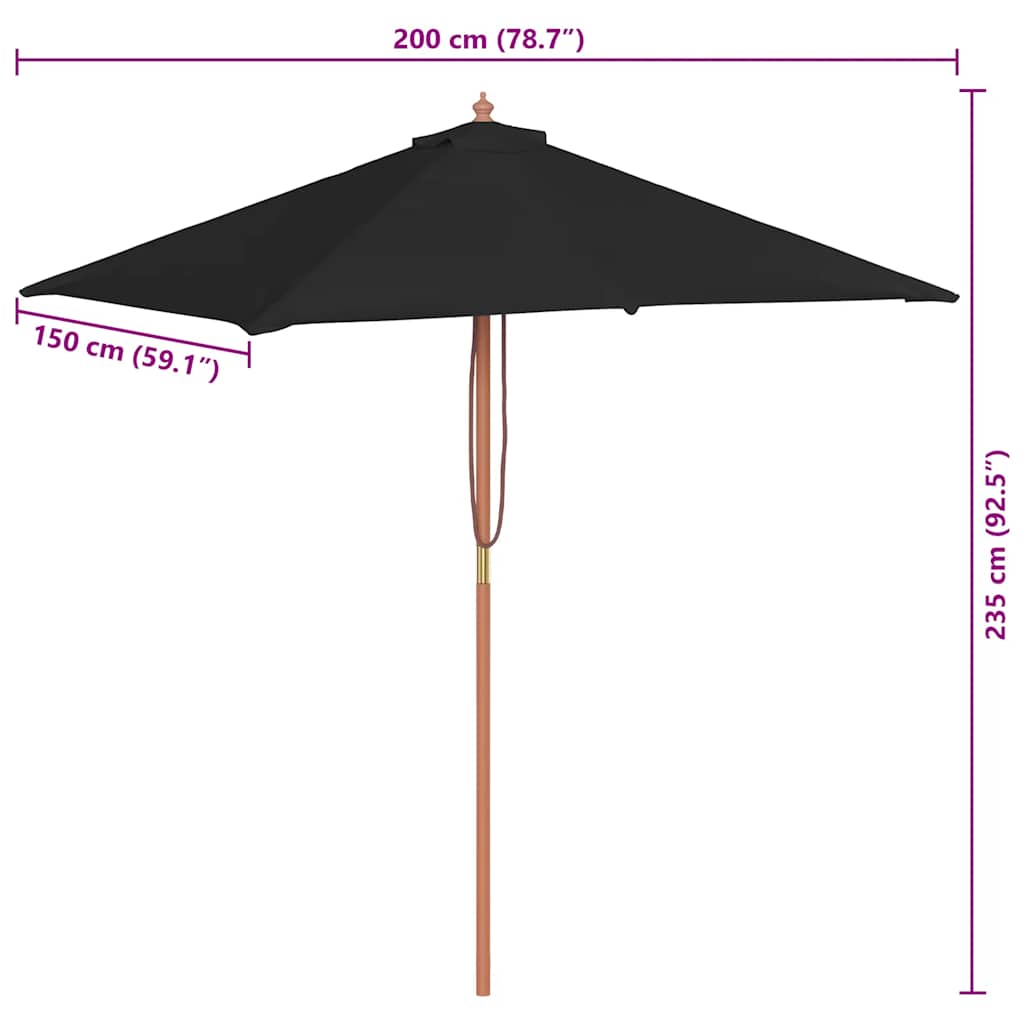 Vrtni suncobran s drvenim stupom 150 x 200 cm crni