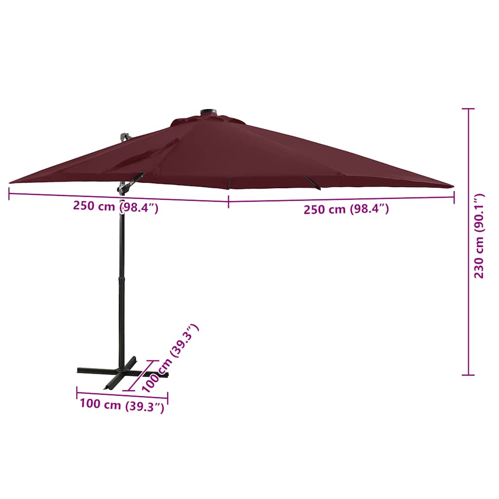 Konzolni vrtni suncobran sa stupom i LED svjetlima 250 cm bordo
