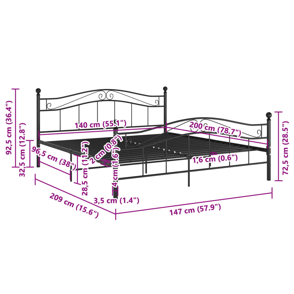 Okvir za krevet crni metalni 140 x 200 cm