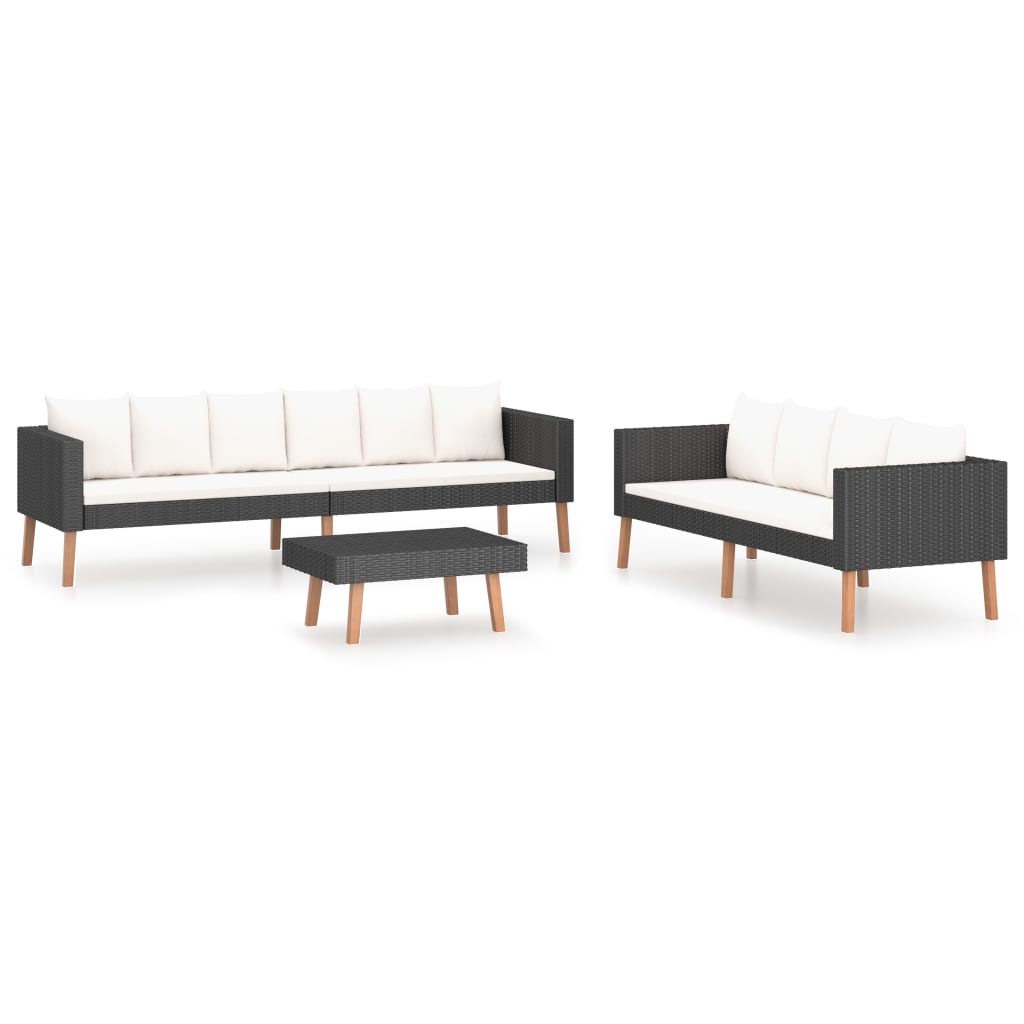 3-dijelna vrtna garnitura od poliratana s jastucima crna