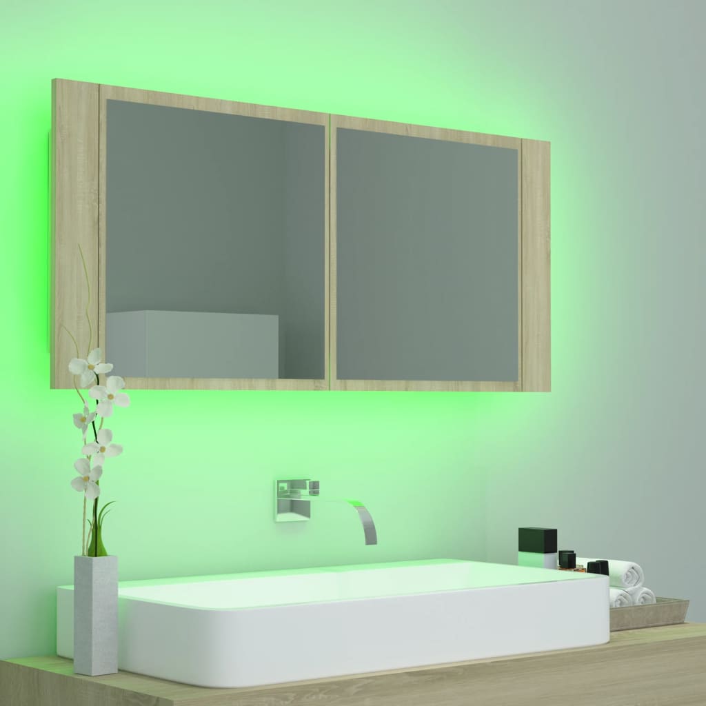 LED kupaonski ormarić s ogledalom boja hrasta 100x12x45 akrilni