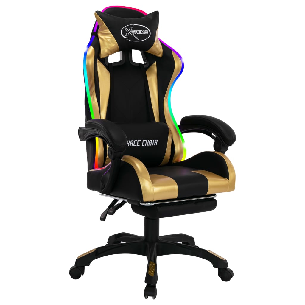 Igraća stolica s RGB LED svjetlima zlatno-crna od umjetne kože