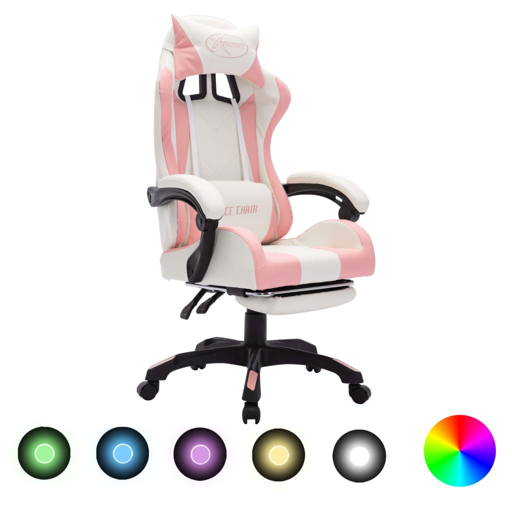 Igraća stolica s RGB LED svjetlima rozo-bijela od umjetne kože