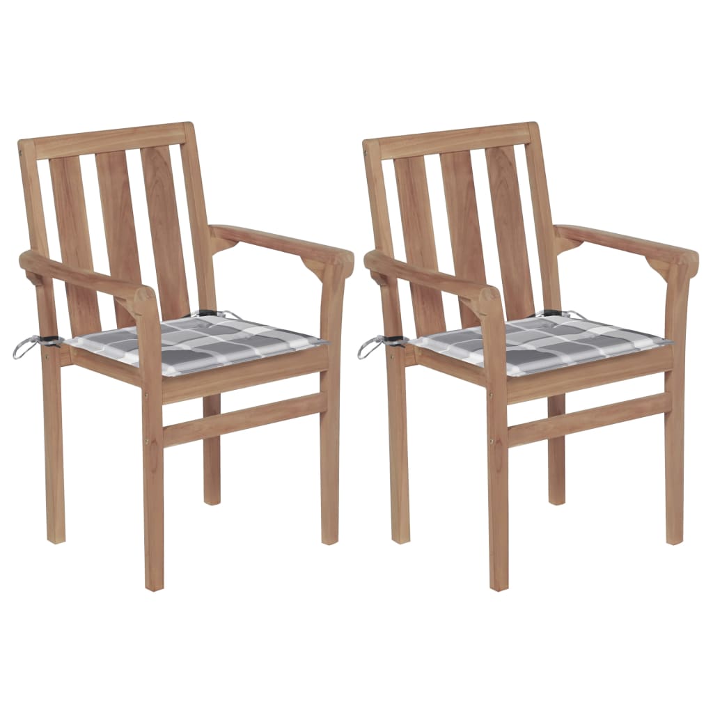 Vrtne stolice sa sivim kariranim jastucima 2 kom od tikovine