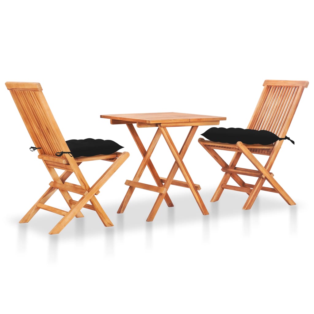 3-dijelni bistro set s crnim jastucima od masivne tikovine