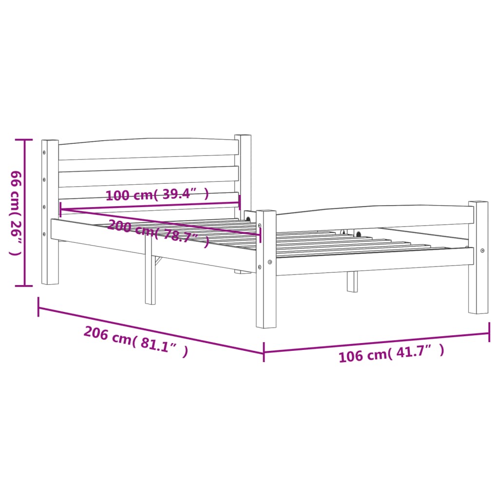 Okvir za krevet od masivne borovine bijeli 100 x 200 cm