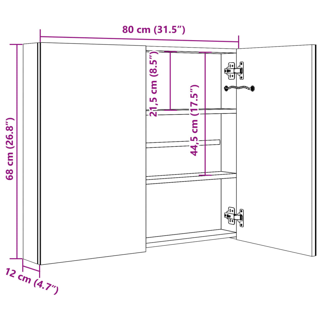 LED kupaonski ormarić s ogledalom sjajni crni 80 x 12 x 68 cm