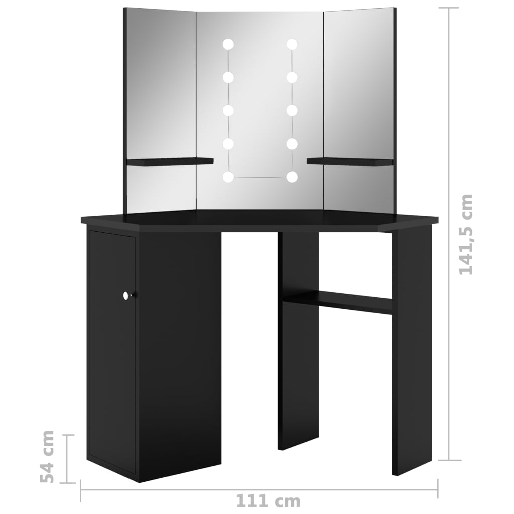 Kutni toaletni stolić s LED svjetlima crni 111 x 54 x 141,5 cm