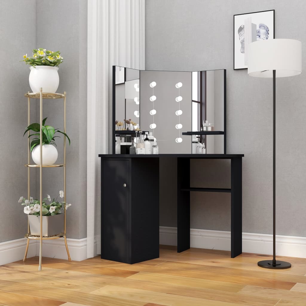 Kutni toaletni stolić s LED svjetlima crni 111 x 54 x 141,5 cm