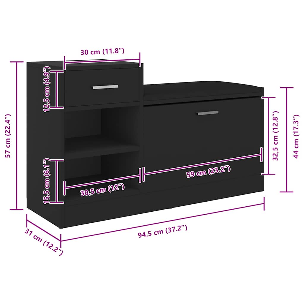 Klupa za cipele crna 94,5 x 31 x 57 cm od konstruiranog drva