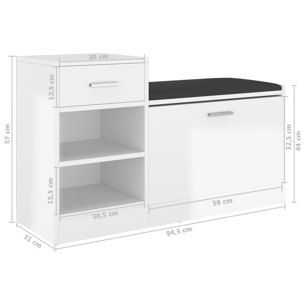 Klupa za cipele visoki sjaj bijela 94,5 x 31 x 57 cm drvena
