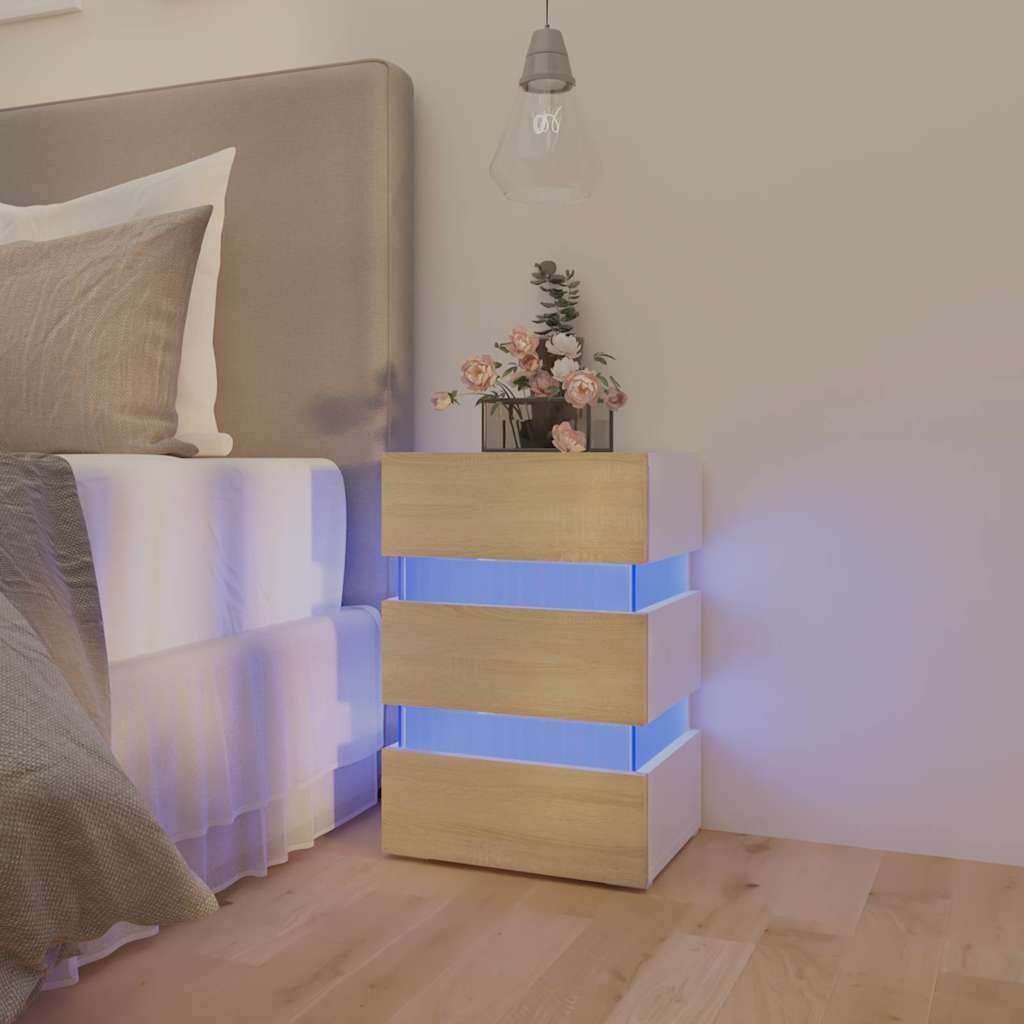 LED noćni ormarić bijeli i hrast 45x35x67 cm konstruirano drvo