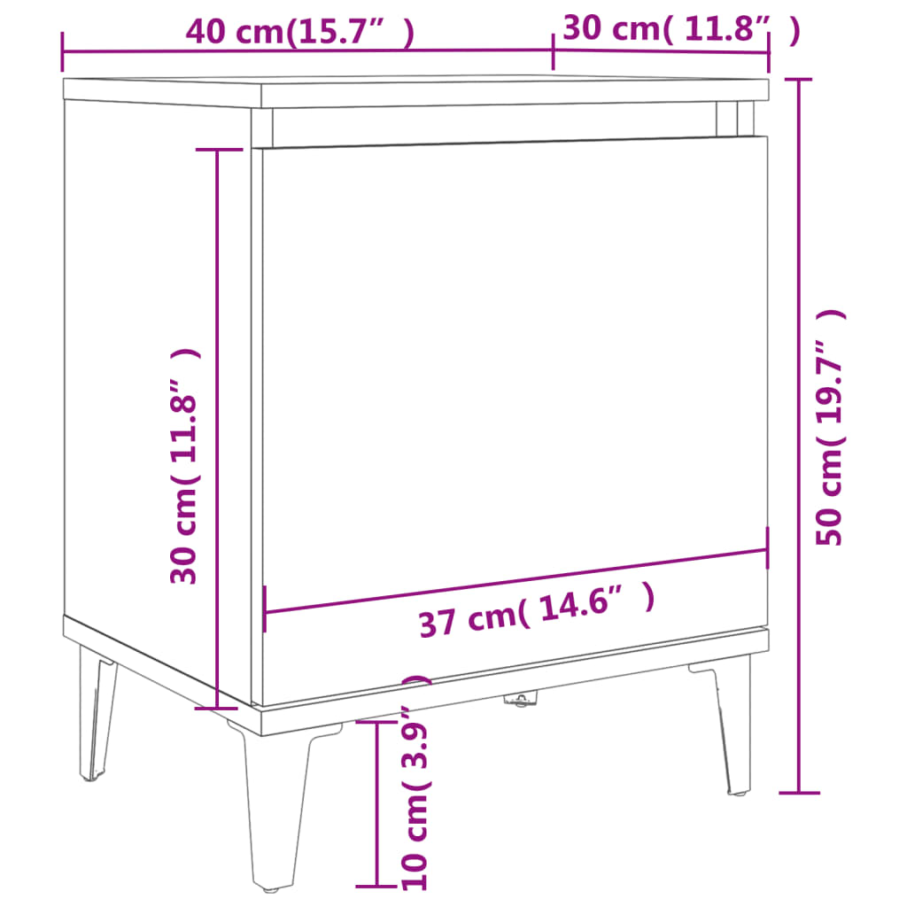 Noćni ormarić s metalnim nogama boja hrasta 40 x 30 x 50 cm