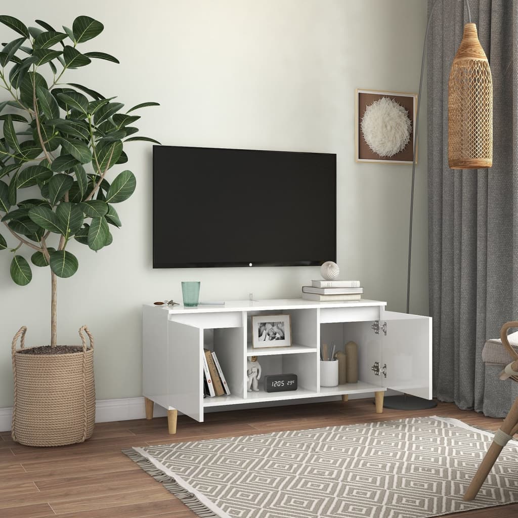 TV ormarić s drvenim nogama sjajni bijeli 103,5x35x50 cm