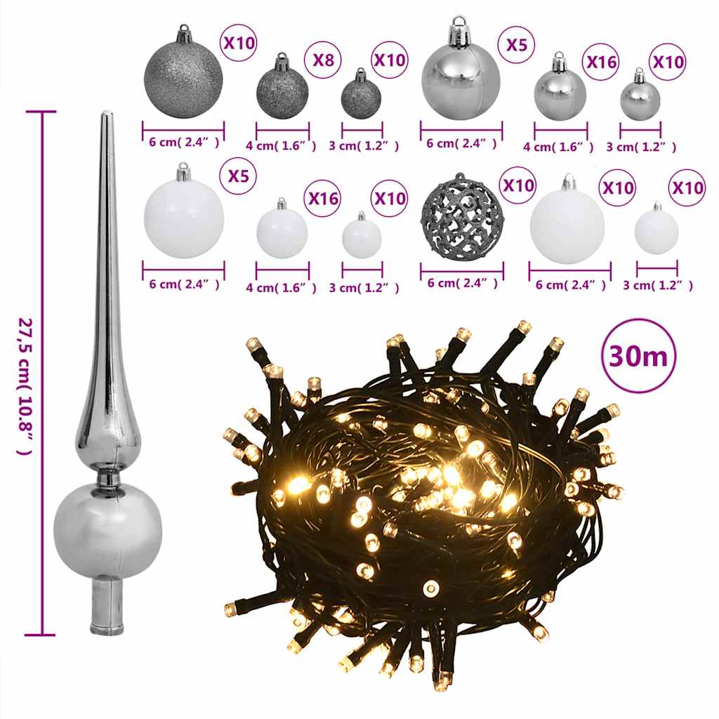 120-dijelni set božićnih kuglica s vrhom 300 LED bijelo-sive
