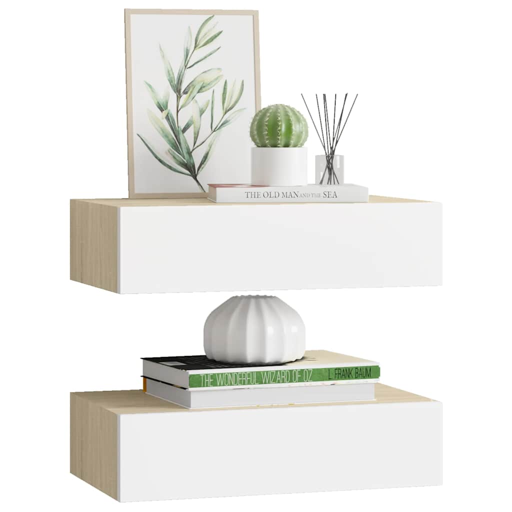 Zidne police s ladicom 2 kom hrast i bijele 40x23,5x10 cm MDF