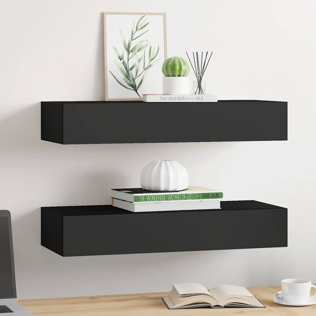 Zidne police s ladicom 2 kom crne 60 x 23,5 x 10 cm MDF