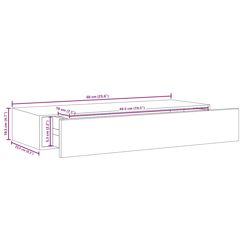 Zidne police s ladicom 2 kom sive 60 x 23,5 x 10 cm MDF