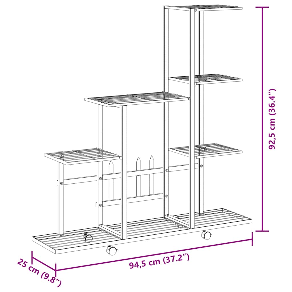 Stalak za cvijeće s kotačima 94,5 x 25 x 92,5 cm crni metalni